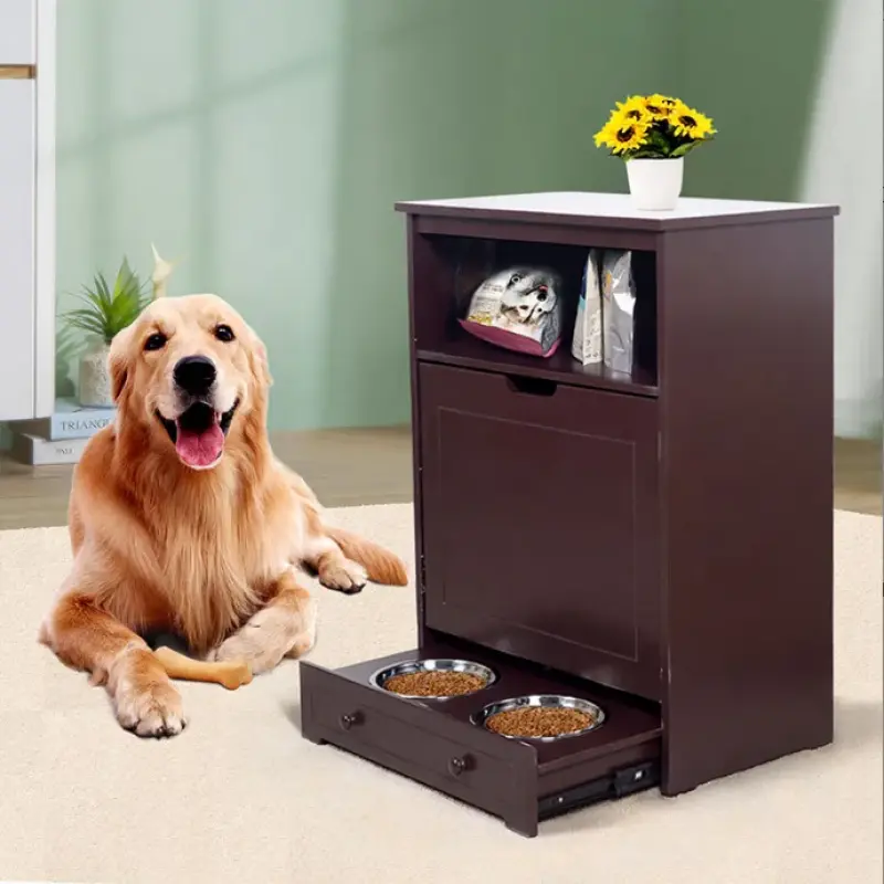 Hot Sale Feeding And Watering Supplie Pet Feeder Station Dog Food Wooden Storage Cabinet with Dog Raised Bowls