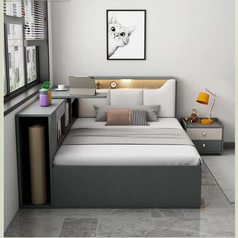Modern Bedroom Furniture Storage Double Bed Interface and Drawers Fabric Headboard Wooden Beds