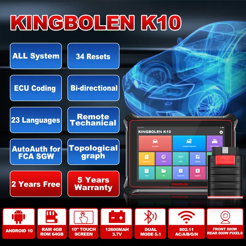 KINGBOLEN K10 Car Scanner Obd2 34 Reset Full Systems ECU Coding Active Test Car Diagnostic Tool For All Car 3 Years Update