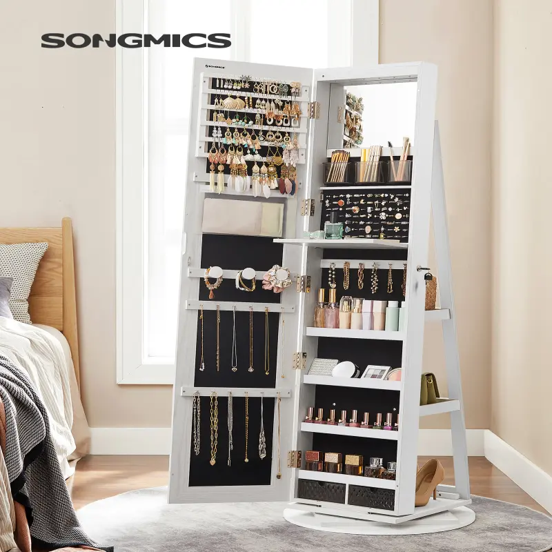 High full length mirror white Lockable rotating jewelry cabinet