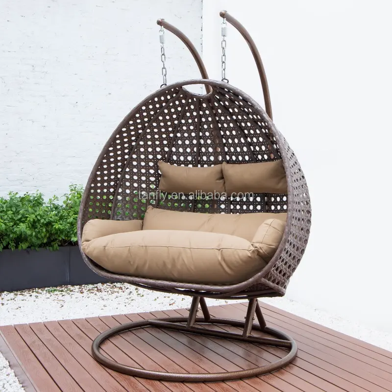 Patio Swings Double Egg Rattan Swing Chair Hanging Chair with Metal Stand