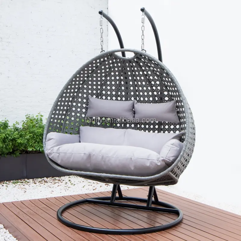 Patio Swings Double Egg Rattan Swing Chair Hanging Chair with Metal Stand