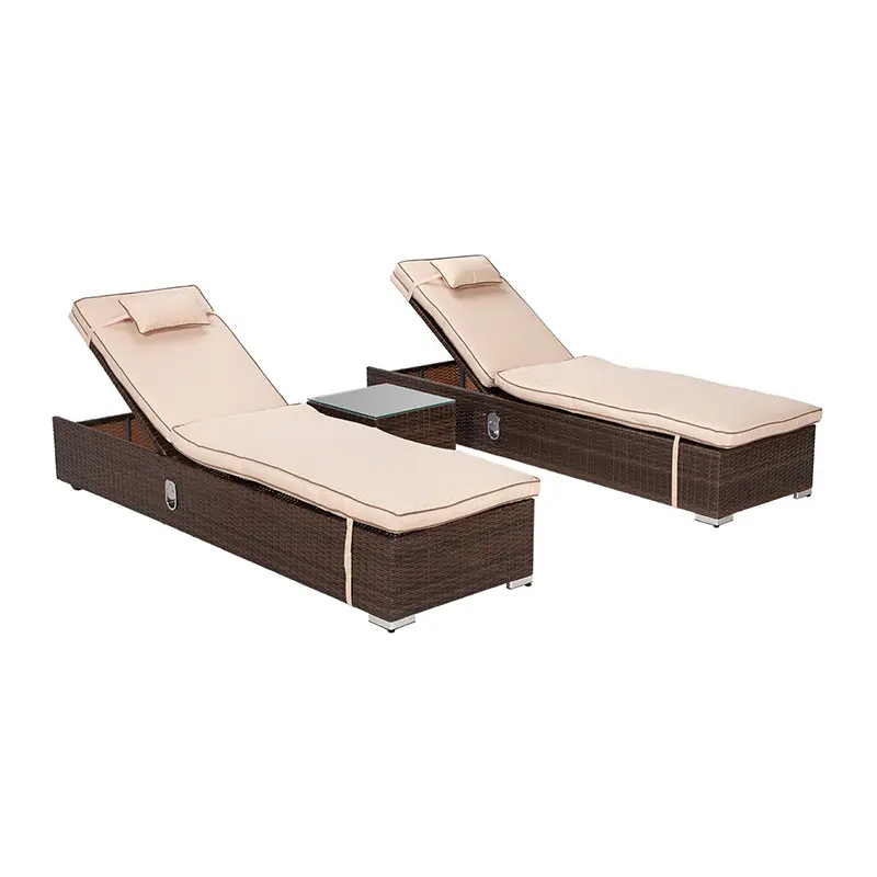 Popular Garden Leisure Beach Lounge Chair Rattan Reclining Lounger Beach Sunbed with Side Table