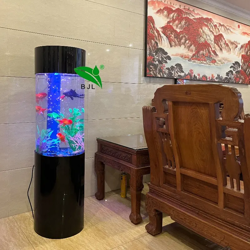 home hotel restaurant decoration floor standing acrylic round aquarium led lighting fish tank