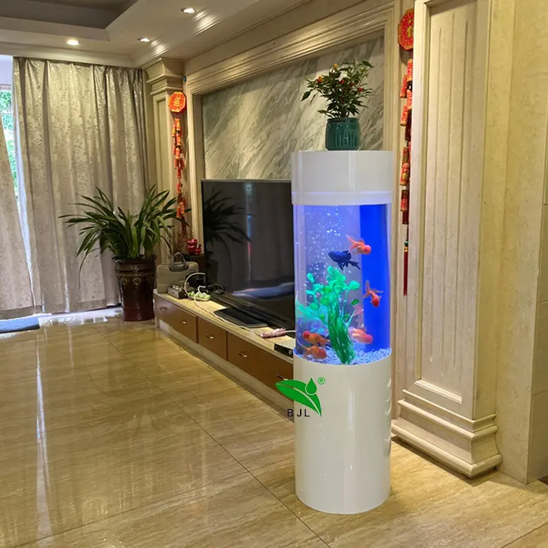 home hotel restaurant decoration floor standing acrylic round aquarium led lighting fish tank