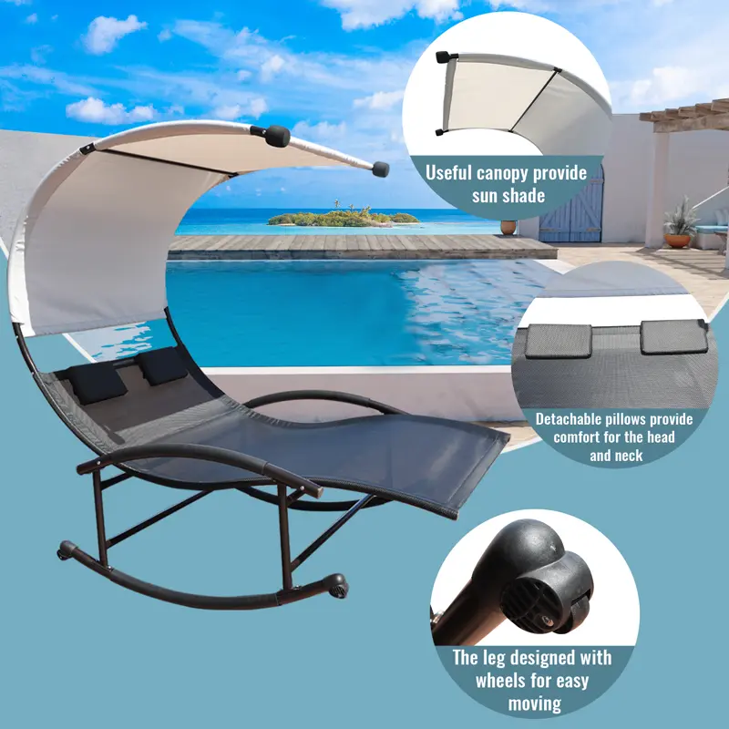Patio Double Swing Bed With Canopy Portable Rocking Sun Lounge Chair With Pillow