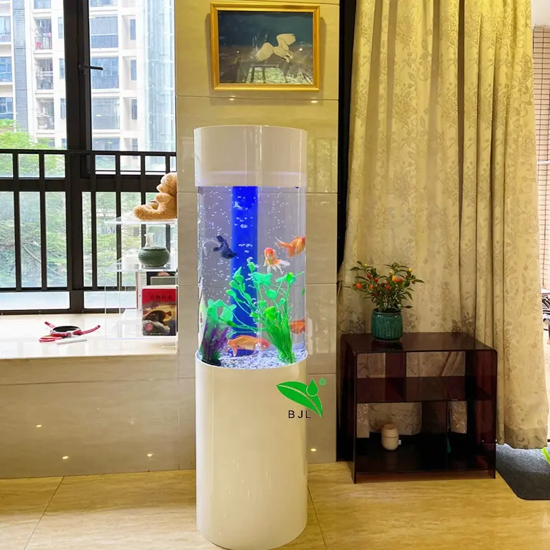 home decor LED light acrylic round aquarium cylindrical fish tank with filter system box