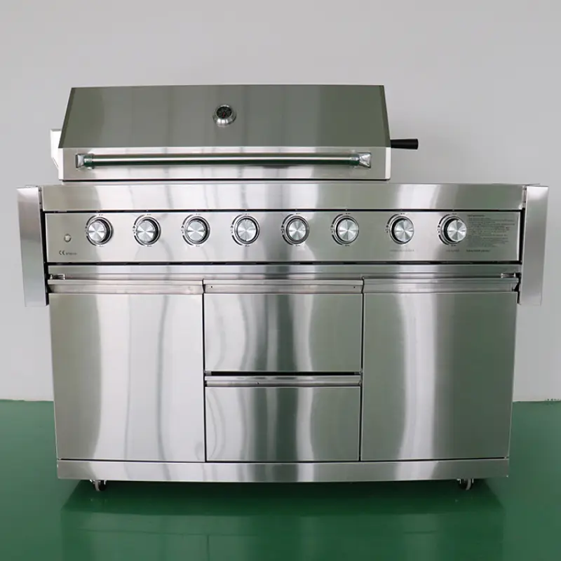 Commercial free-standing Outdoor 6 Burner Gas Barbecue grill machine with side burner table hood bbq gas grill