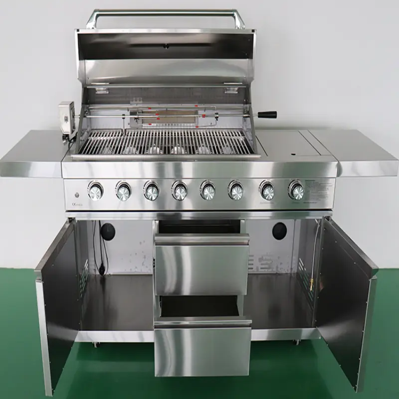 Commercial free-standing Outdoor 6 Burner Gas Barbecue grill machine with side burner table hood bbq gas grill