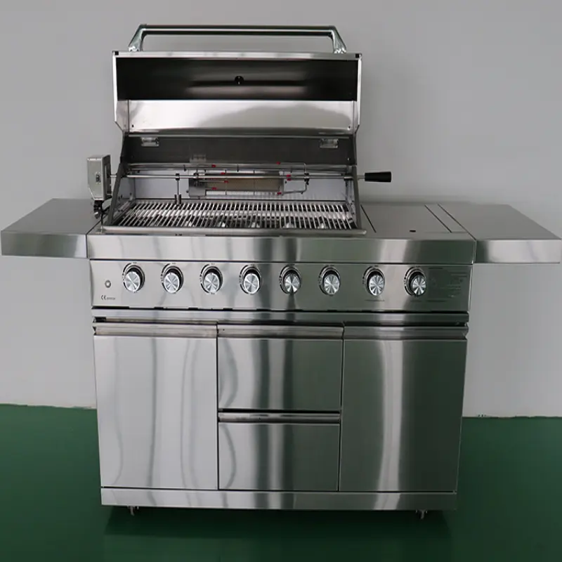 Commercial free-standing Outdoor 6 Burner Gas Barbecue grill machine with side burner table hood bbq gas grill