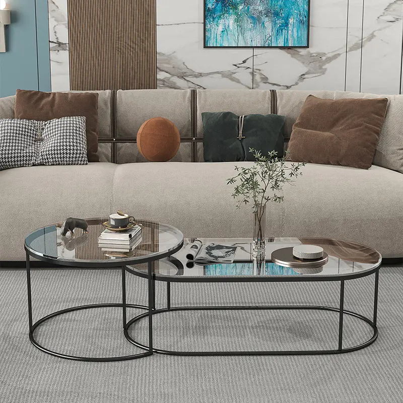 Nordic light luxury toughened glass Coffee table home creative modern simple oval living room tea table with lights