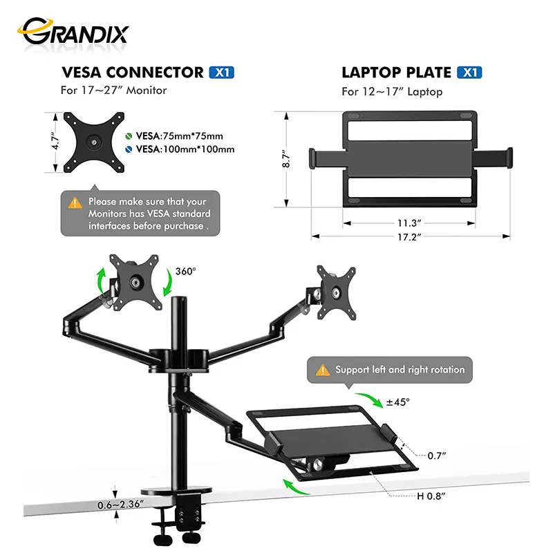 Aluminum Dual Monitor Arm Desktop Mount Laptop  Tray Stand For 32inch Screen and 17inch PC