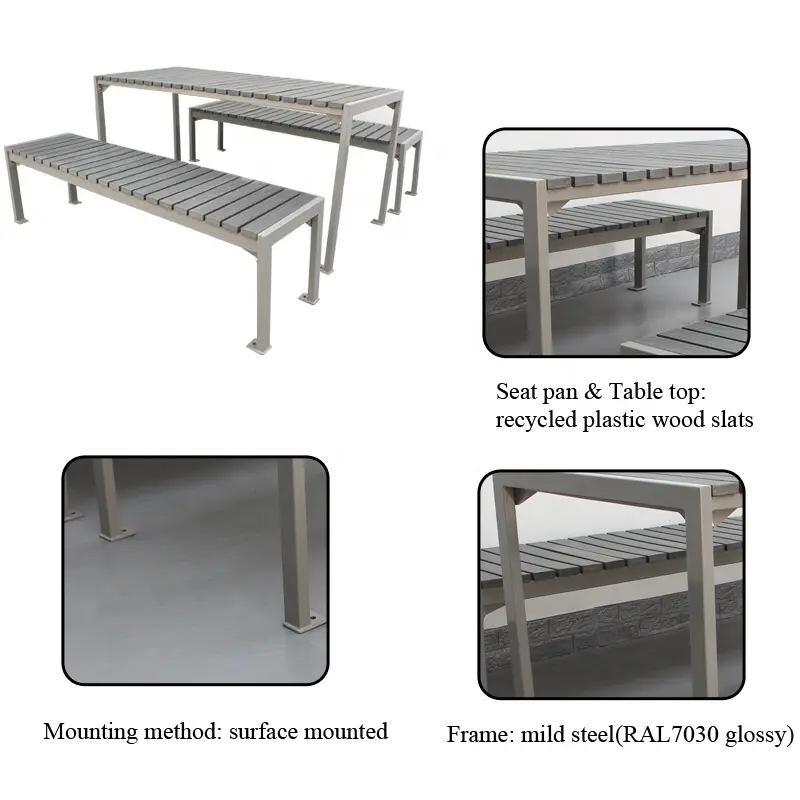 Steel, Recycled, Plastic And Wooden Bench Picnic Table Chair Set With Attached Benches