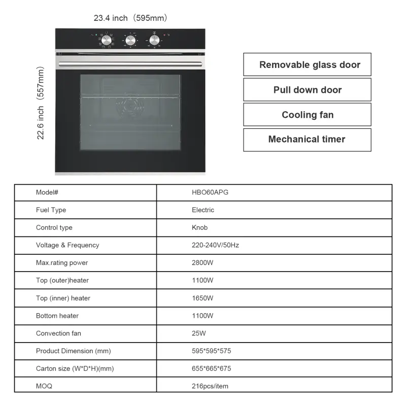 Hyxion Stainless steel Black Glass electric Wall oven for home