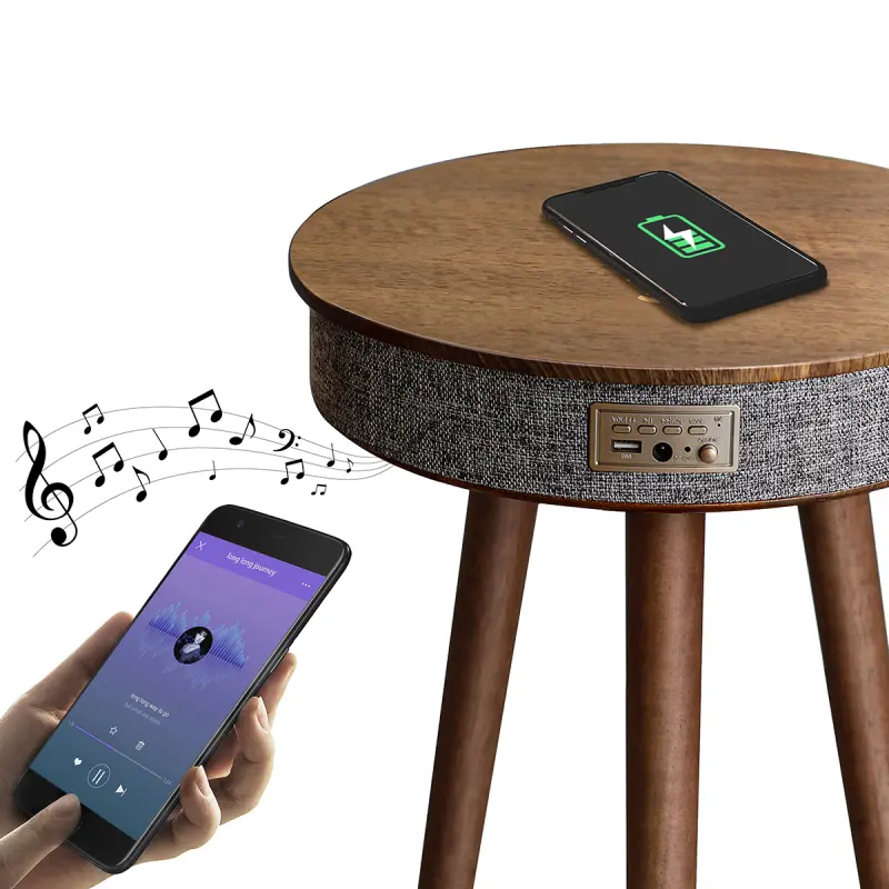 Homemore Living Room Furniture Small Round Wood Wireless Charger Speaker Smart Side Table Coffee Table With Speaker