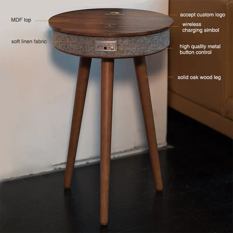 Homemore Living Room Furniture Small Round Wood Wireless Charger Speaker Smart Side Table Coffee Table With Speaker