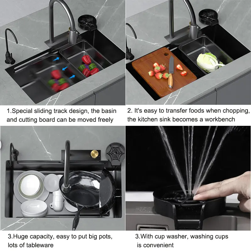 Modern Black Single Bowl Stainless Steel Multifunctional Workstation Waterfall Kitchen Sink with Cup Washer