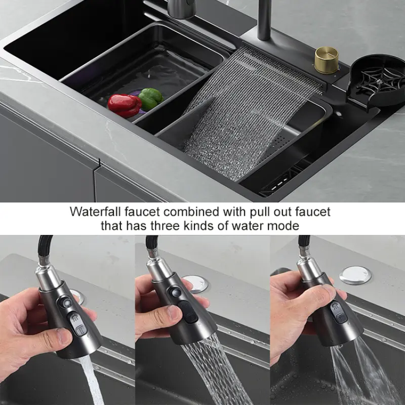 Modern Black Single Bowl Stainless Steel Multifunctional Workstation Waterfall Kitchen Sink with Cup Washer