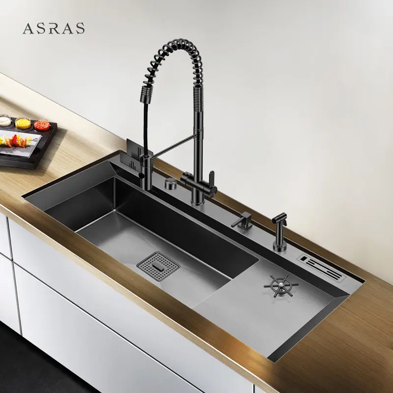 Asras SUS304 Black Nano Handmade Sink With Cup Washer with Drain and Kitchen Faucet