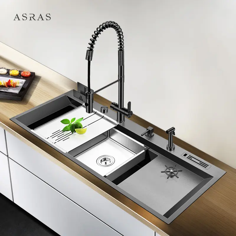 Asras SUS304 Black Nano Handmade Sink With Cup Washer with Drain and Kitchen Faucet