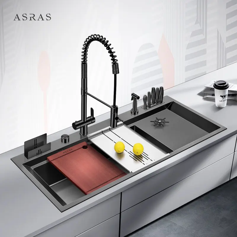 Asras SUS304 Black Nano Handmade Sink With Cup Washer with Drain and Kitchen Faucet