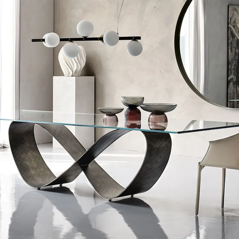 Modern Design Glass Dining table with Stainless Steel Base 6 Seater