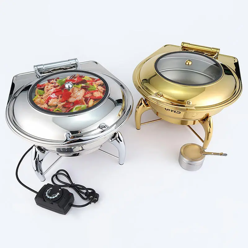 Luxury Decorative Fancy Chafing Dish 6.5l Round Roll Top Chafing Dish Gold Hydraulic Buffet Food Warmer