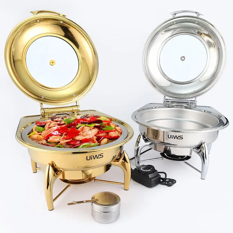 Luxury Decorative Fancy Chafing Dish 6.5l Round Roll Top Chafing Dish Gold Hydraulic Buffet Food Warmer