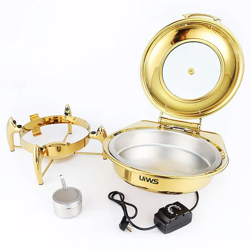 Luxury Decorative Fancy Chafing Dish 6.5l Round Roll Top Chafing Dish Gold Hydraulic Buffet Food Warmer