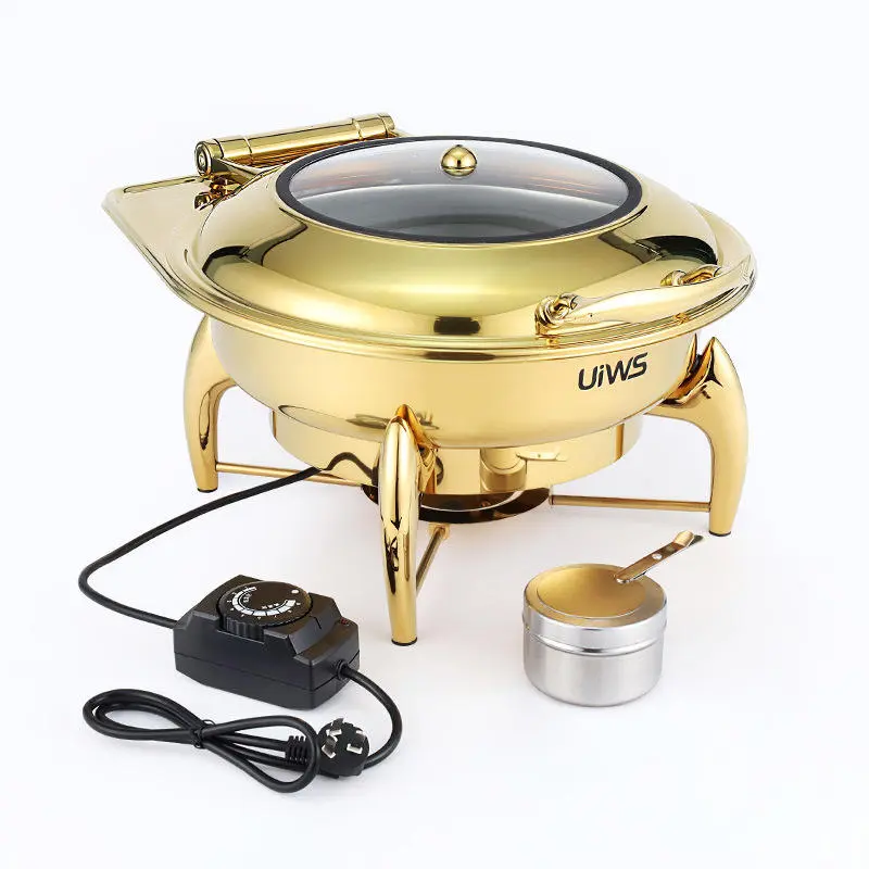 Luxury Decorative Fancy Chafing Dish 6.5l Round Roll Top Chafing Dish Gold Hydraulic Buffet Food Warmer