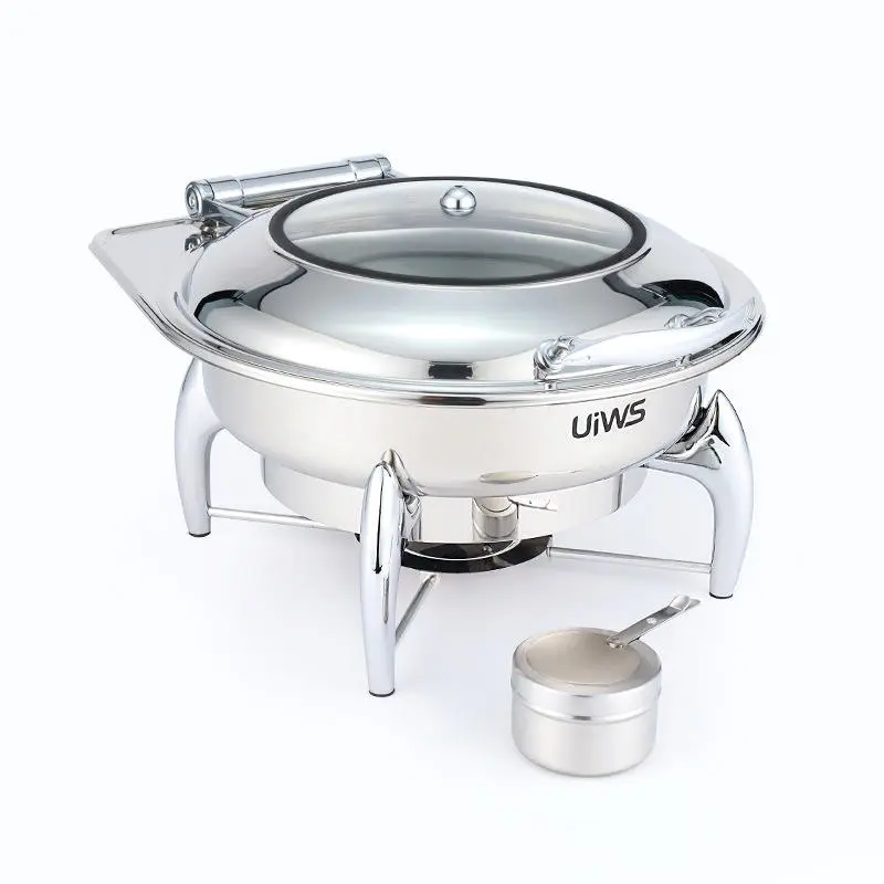 Luxury Decorative Fancy Chafing Dish 6.5l Round Roll Top Chafing Dish Gold Hydraulic Buffet Food Warmer