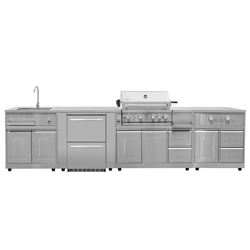 Outdoor Kitchen Set With BBQ Grill, Side Burner, Pizza Oven, Storage Cabinets