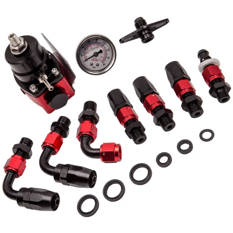 maXpeedingrods New Universal Adjustable Fuel Pressure Regulator Kit + 100psi Gauge -6AN Black &amp; Red