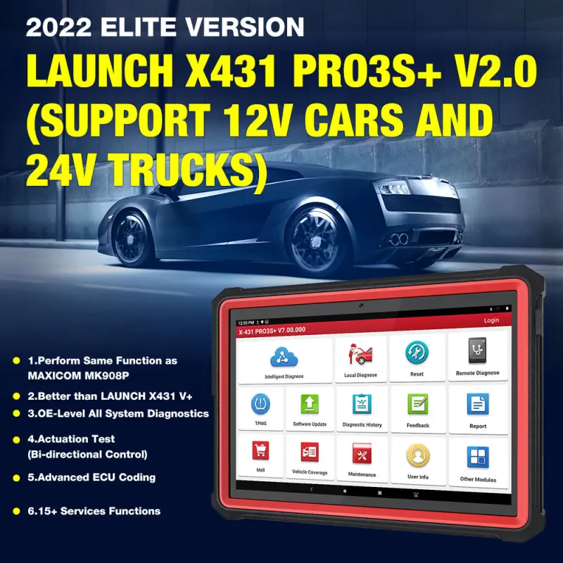 2022 Model LAUNCH X-431 PRO3S+ HD III Full System Car Diagnostic Tool Supports Both 12V and 24V Heavy Duty Truck Scanner