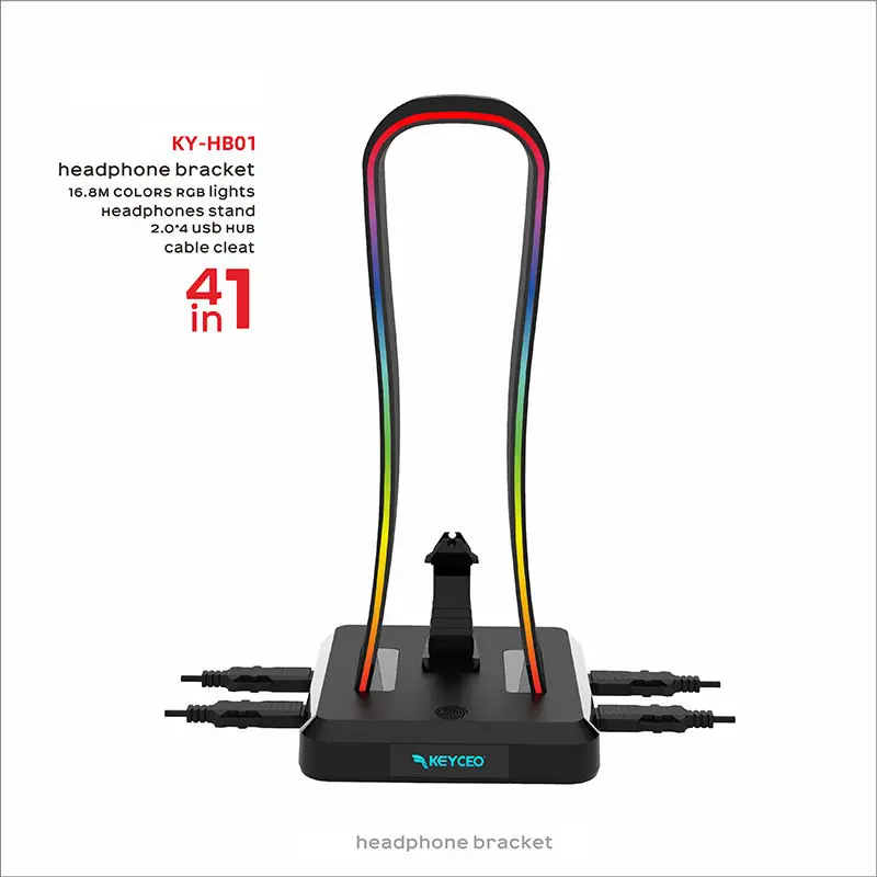 New Design RGB 4 USB Headset Bracket Aluminum Gaming Headphone Stand Soft Mouse Cable Cleat Headset Holder