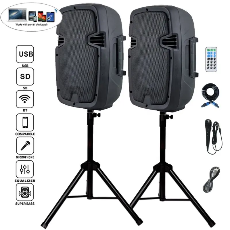 800W 2 Way Powered 2x 8"  PA speaker System Professional audio BT TWS  Party speaker Active+Passive Loud Set 2 Stands Mic Bocina