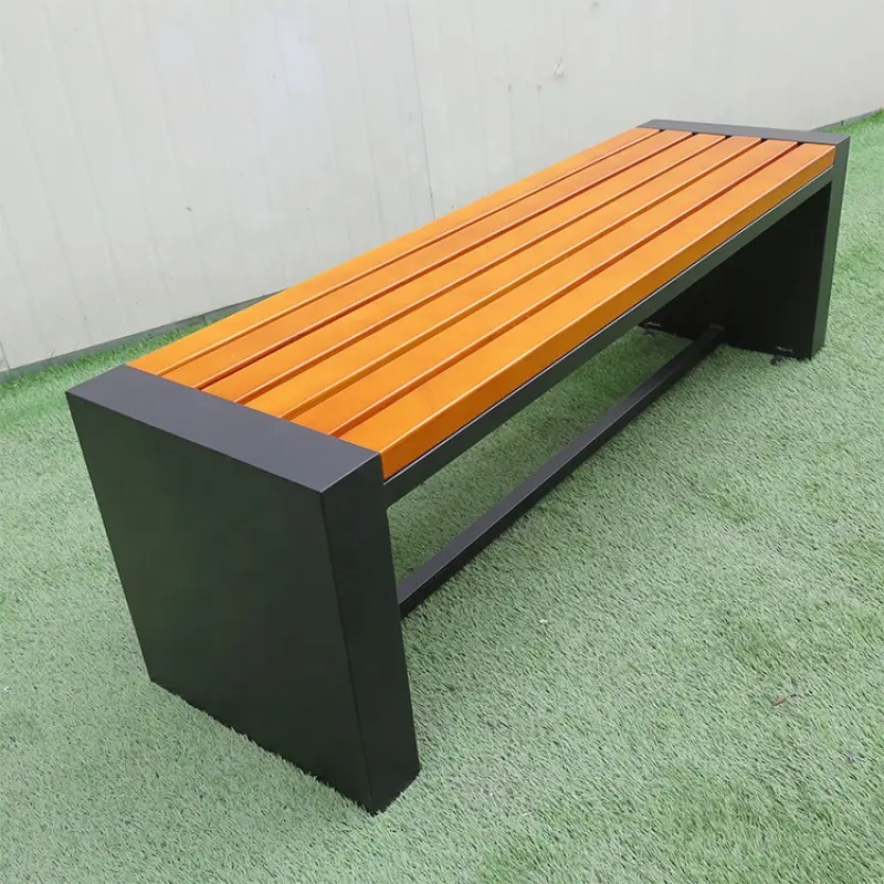 Outdoor Wooden Bench Garden Park Bench Galvanized Steel Backless Seating