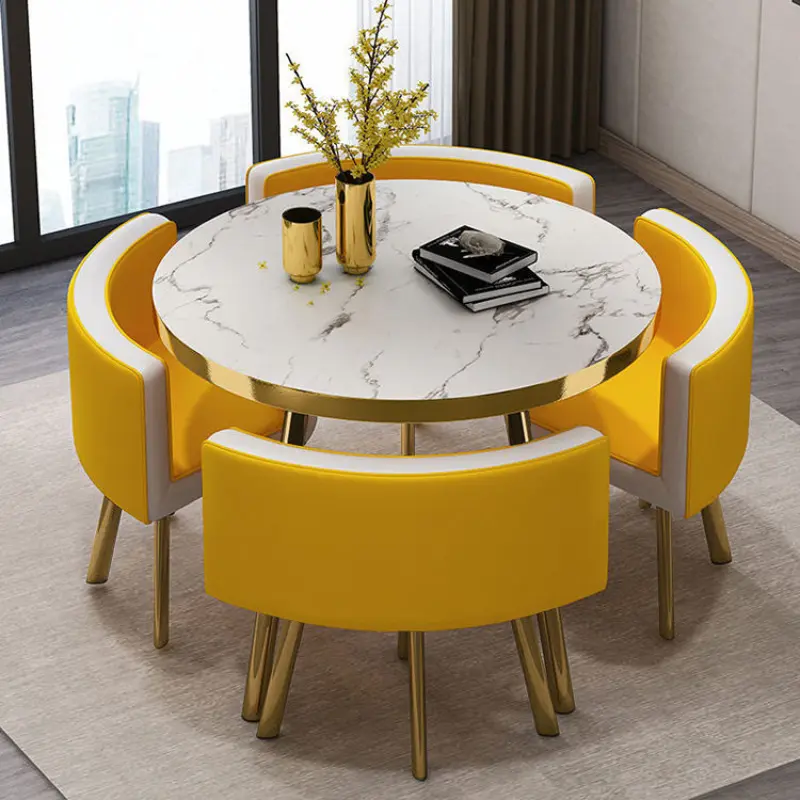 Gold Nordic Dining Table Set With Four Wood Seater Chairs