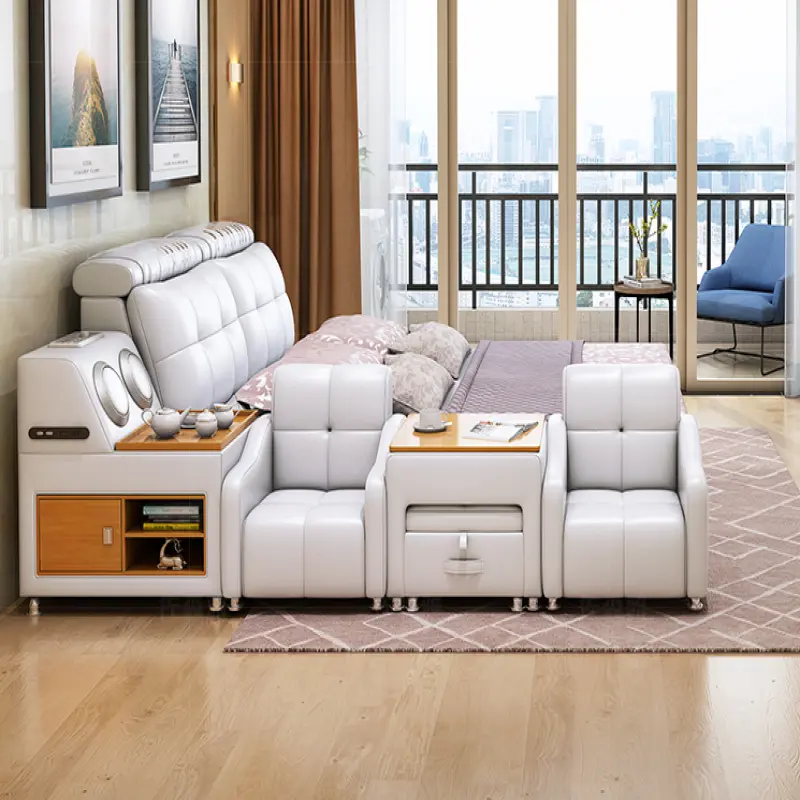Soft Bed with Massage Chair Coffee Table Soft Bed Bedroom with Bluetooth Speaker Large Storage Space Bed