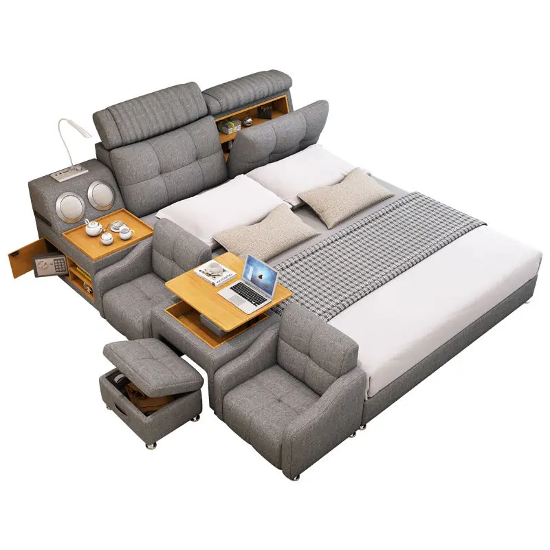 Soft Bed with Massage Chair Coffee Table Soft Bed Bedroom with Bluetooth Speaker Large Storage Space Bed