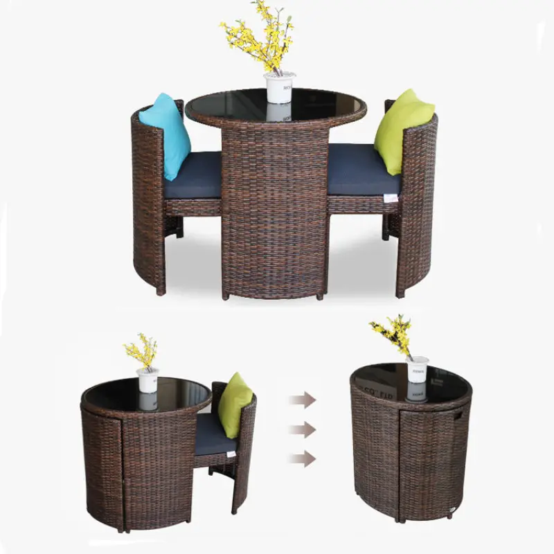 Unique Outdoor Garden Wood Furniture Rattan Tempered Glass Round Coffee Snack Table and Chair Set