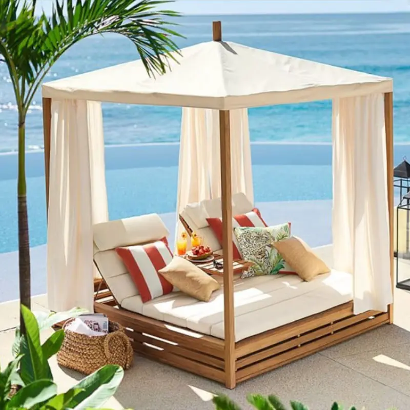 Outdoor Sea Beach Patio Furniture Swimming Pool Side Chaise Lounge Sun Bed Lounger Teak Wood Designer Daybed with Canopy