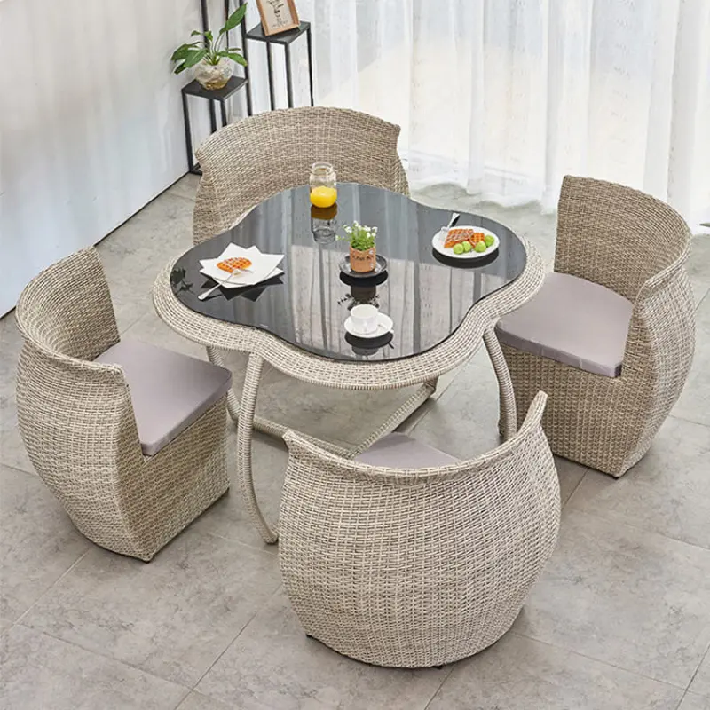 Unique Outdoor Garden Four-leaf Clover Wicker Patio Set Furniture Rattan Dining Coffee Snack Table And Chairs Sets with 4 Seater