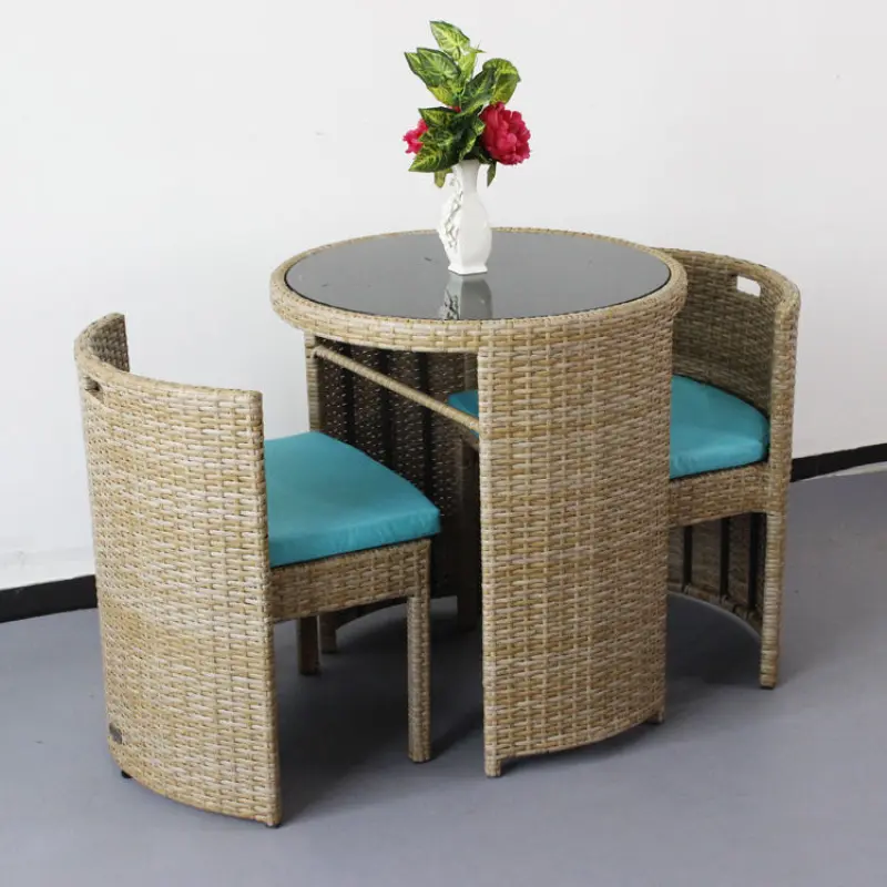 Unique Outdoor Garden Wood Furniture Rattan Tempered Glass Round Coffee Snack Table and Chair Set