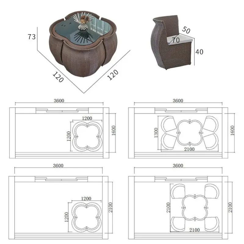 Unique Outdoor Garden Four-leaf Clover Wicker Patio Set Furniture Rattan Dining Coffee Snack Table And Chairs Sets with 4 Seater