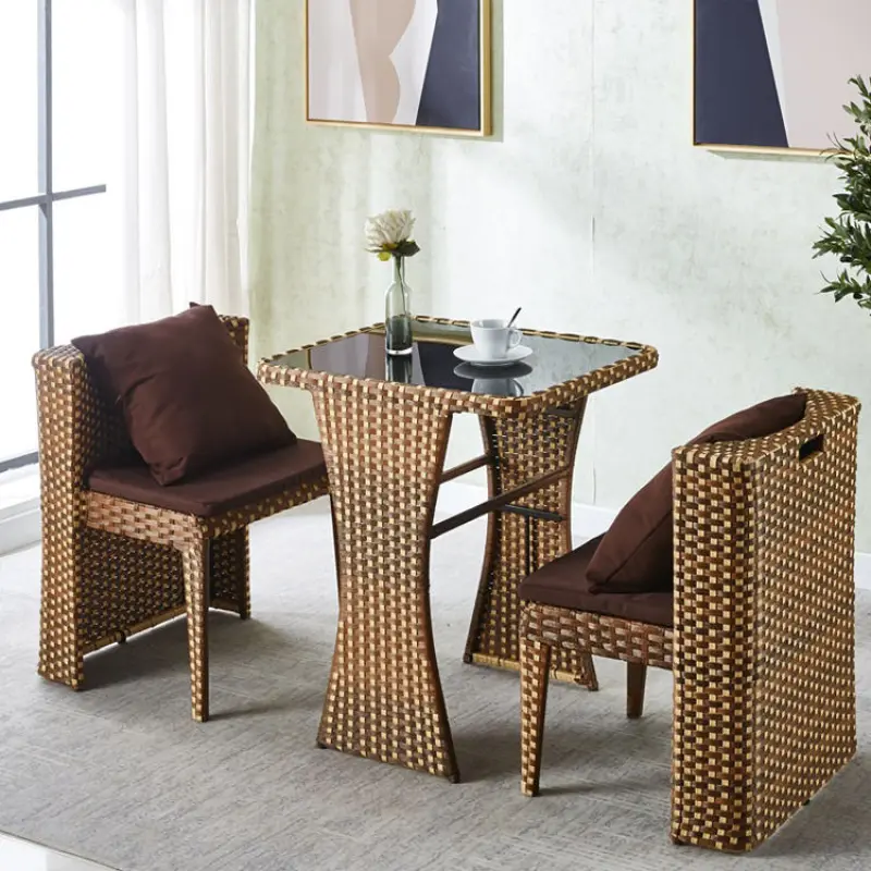 Outdoor Garden Wood Furniture Rattan Tempered Glass Rectangle Coffee Snack Table and Chair Set