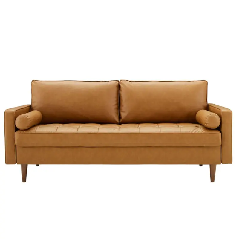 Tan Faux Leather 3-Seater Tuxedo Sofa with Square Arms