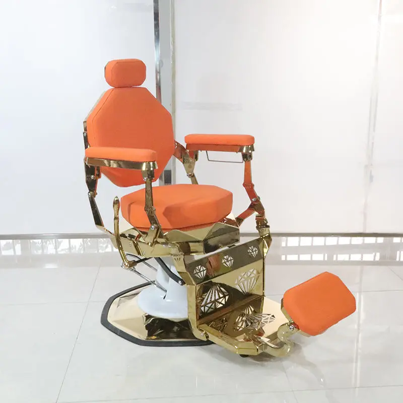 High Quality Orange Leather Gold Frame Professional Salon Chair Luxury Diamond Barber Chair For Sale