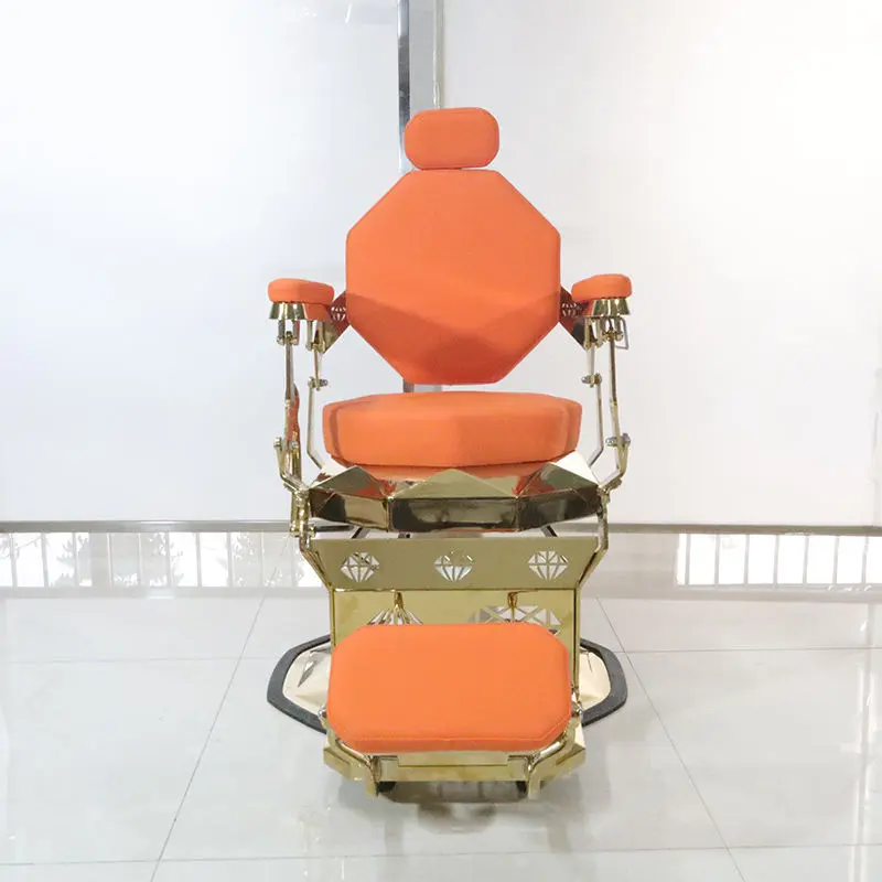 High Quality Orange Leather Gold Frame Professional Salon Chair Luxury Diamond Barber Chair For Sale