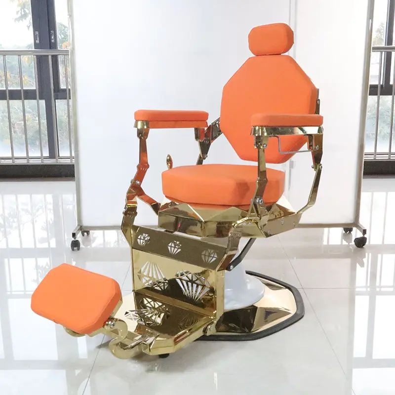 High Quality Orange Leather Gold Frame Professional Salon Chair Luxury Diamond Barber Chair For Sale